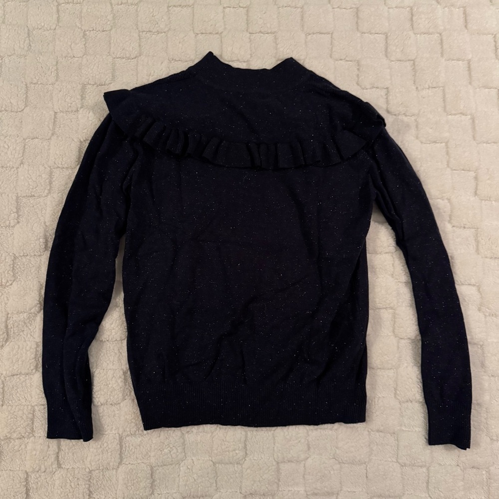 Molly Bracken Navy Blue Sparkle Knit Ruffle Sweater, Women’s Medium - Picture 3 of 5